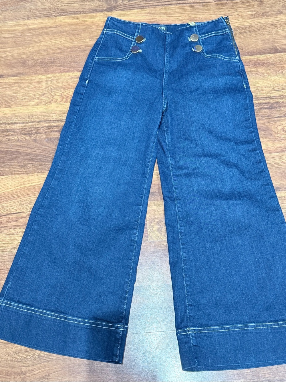 Anthropologie Maeve Sailor Dark Blue High-Rise Wide-Leg Jeans with Button Detail